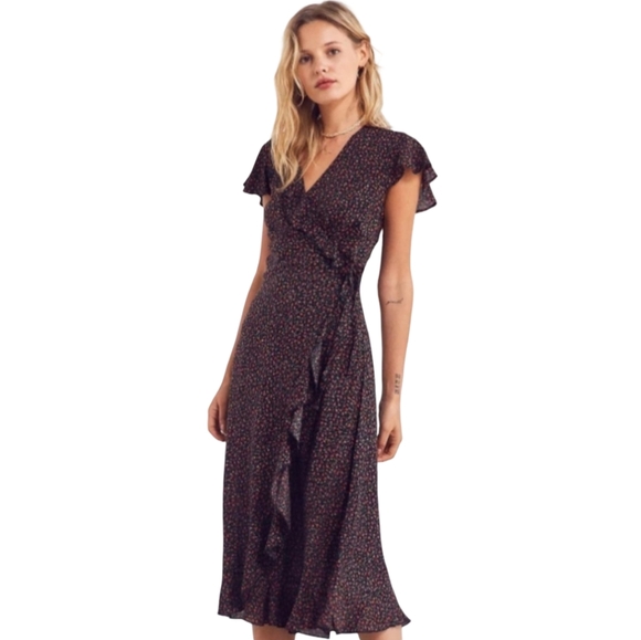 Kimchi Blue from Urban Outfitters Black Red Ditsy Floral Wrap Dress Asymmetrical - Picture 1 of 14